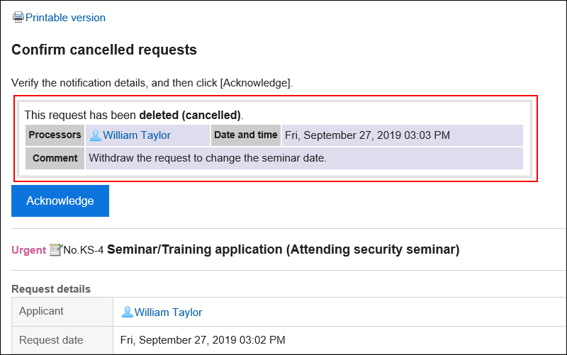 Image of the message indicating that the request has been canceled
