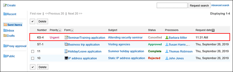 Image of the canceled request data with the "Cancel" status