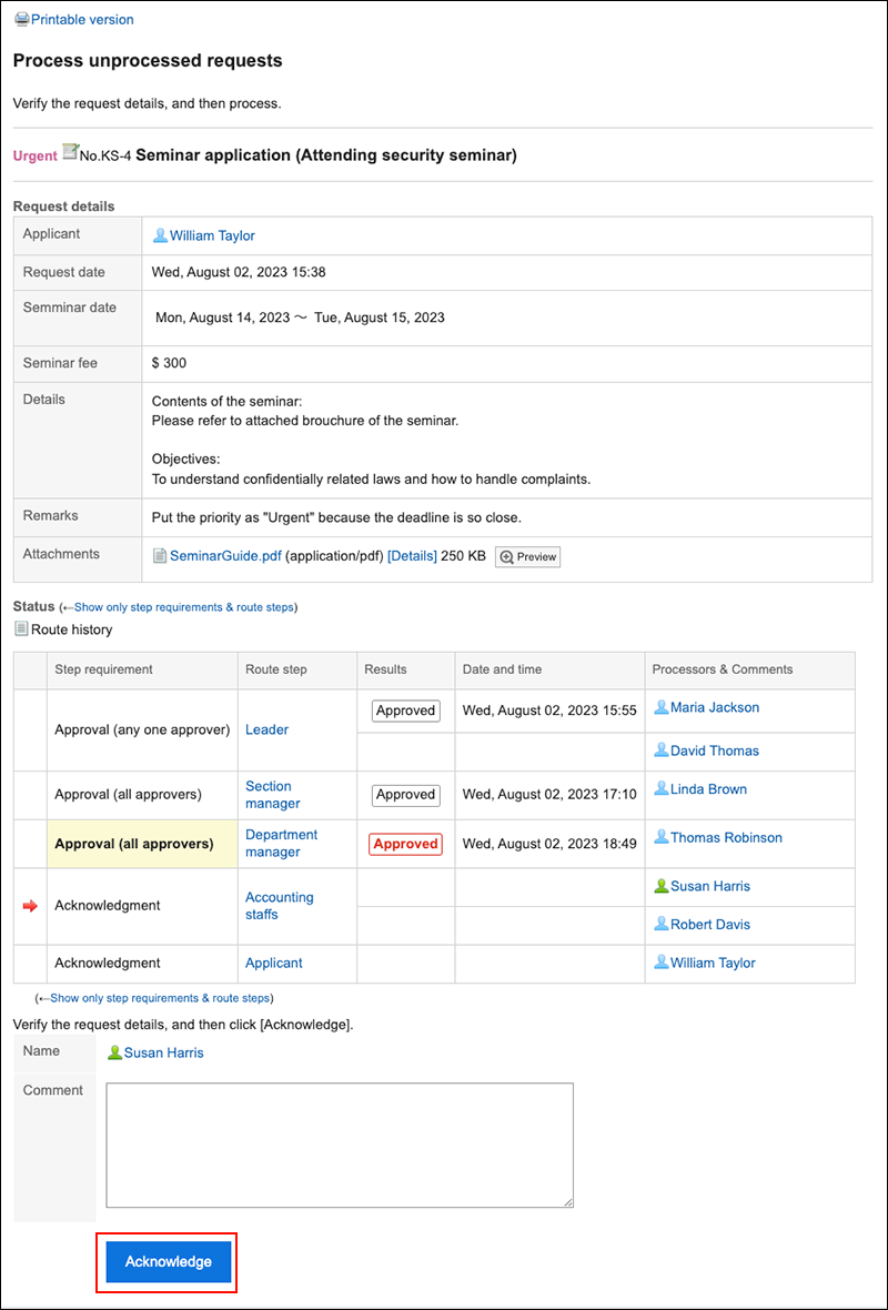 Screenshot: The "Acknowledge" button is highlighted in the "Process unprocessed requests" screen