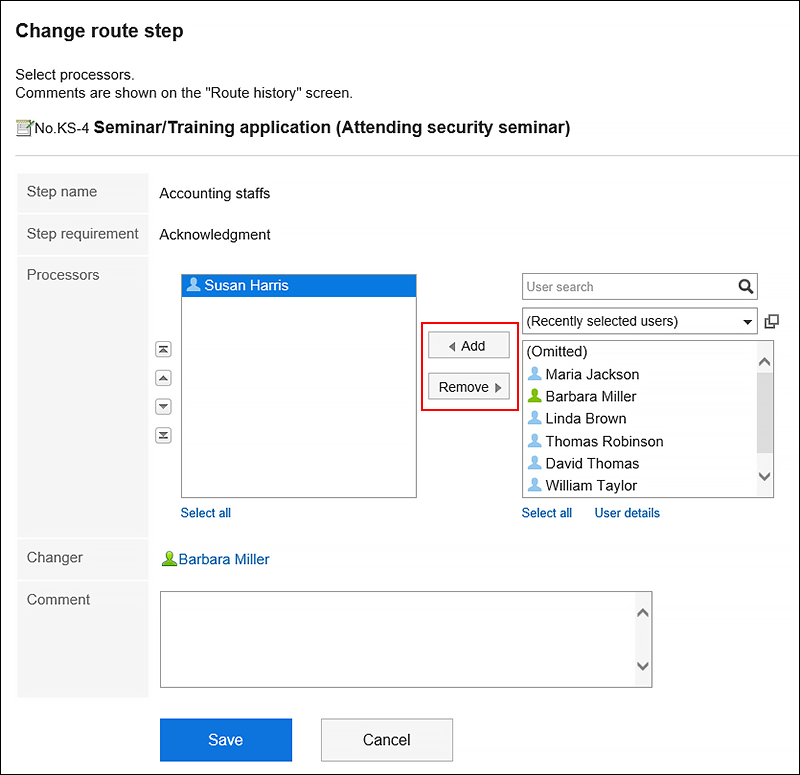 Screen for changing route steps