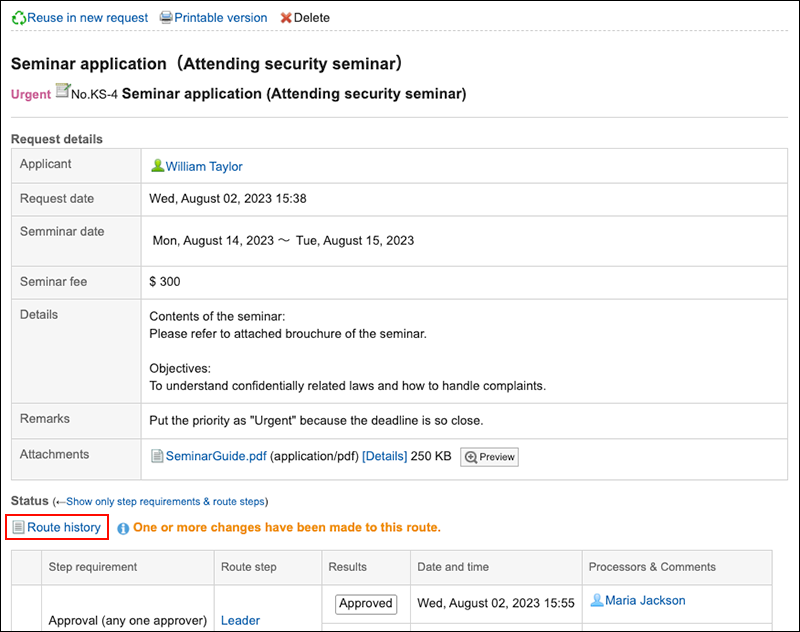 Screenshot: The route history link is highlighted in the "Request details" screen