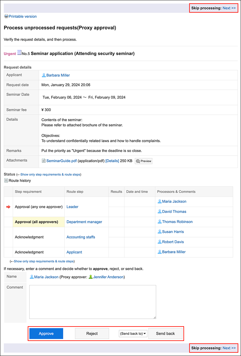 Screenshot: The action buttons and a link to move to the next request are highlighted in the "Process unprocessed requests (Proxy approval)" screen