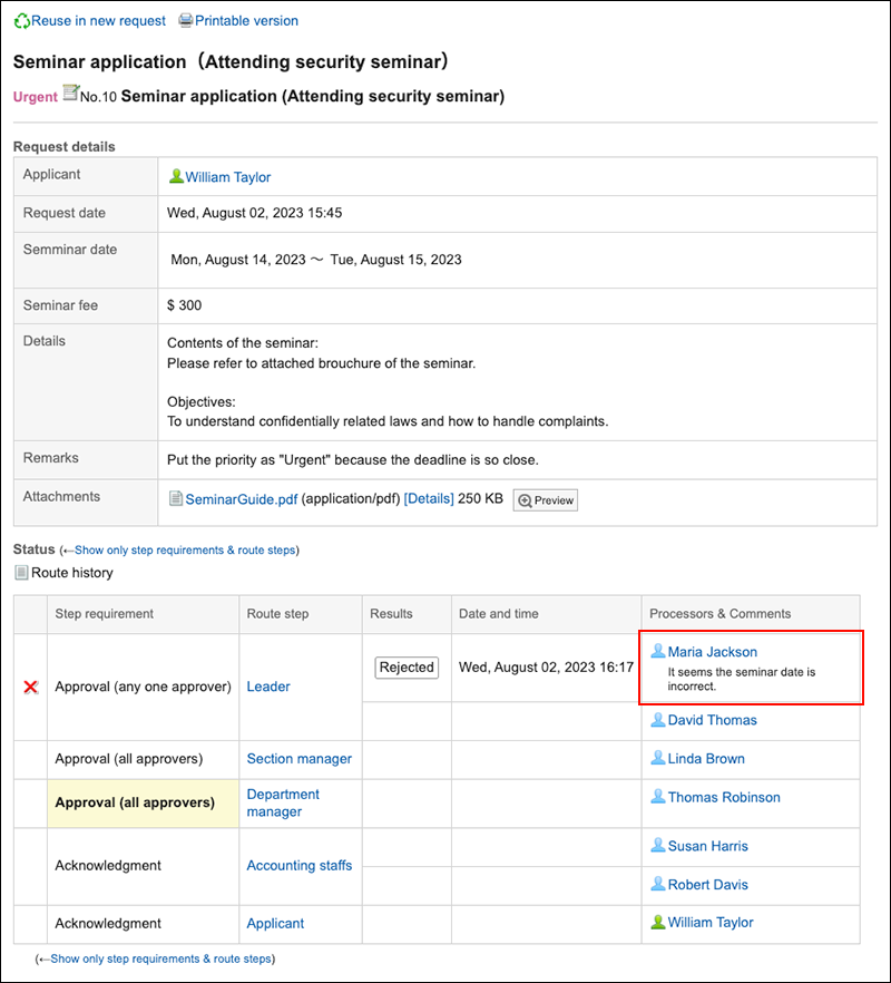 Screenshot: The processors' comment of rejection is highlighted in the "Request details" screen