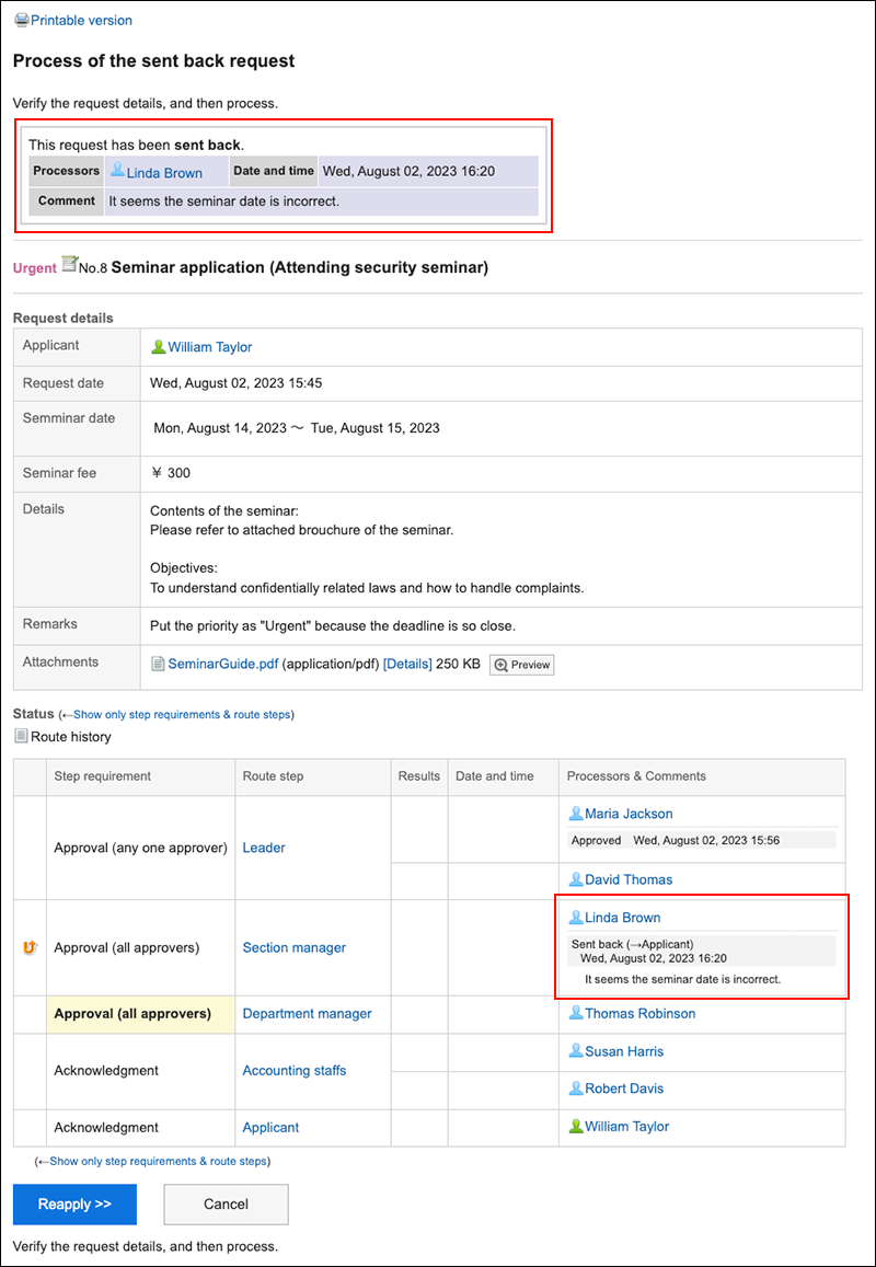 Screenshot: The "Sent back" message and the processors' comment are highlighted in the "Request details" screen