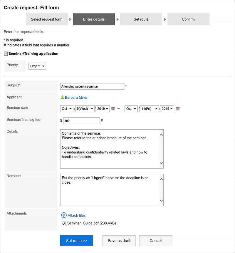 Screen to set request details