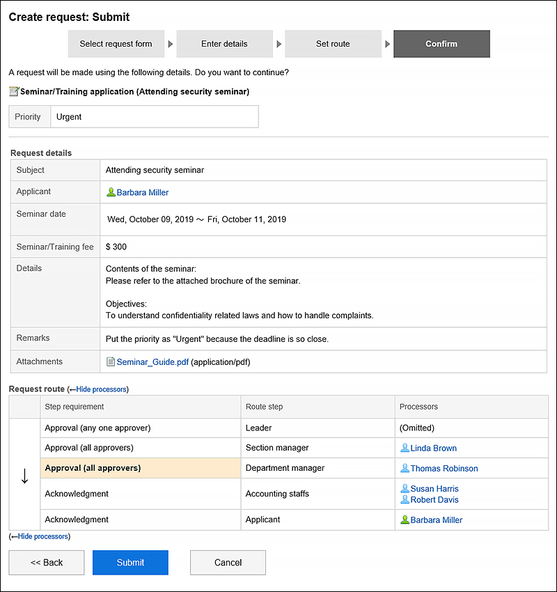 Screen to confirm the request details