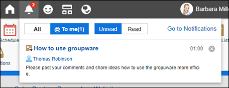 Screenshot: The latest information on the header with notifications that were sent to me