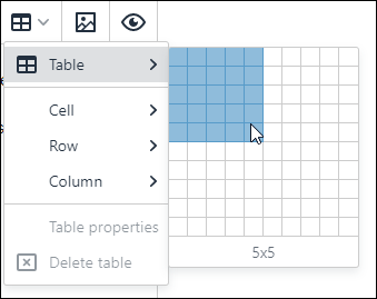 Screenshot: Selecting the number of columns and rows on the menu to set table cells