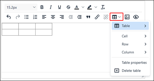 Screenshot: Showing a menu that appears when you click the Table icon on the toolbar