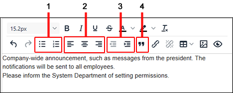 Screenshot: The icons to change the text layout are highlighted on the Rich text toolbar