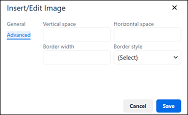 Screenshot: The "Advanced" settings in the "Insert/Edit Image" dialog