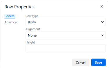 Screenshot: The "General" tab of "Row Properties"