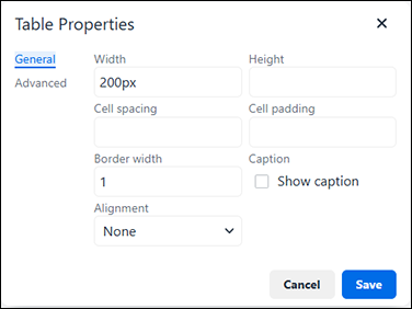 Screenshot: The "General" tab of the "Table Properties" screen