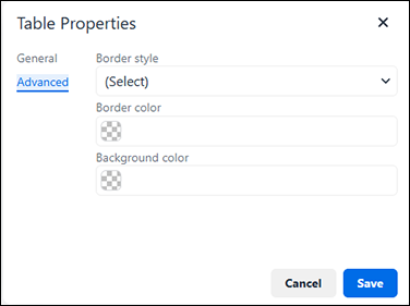 Screenshot: The "Advanced" tab of the "Table Properties" screen