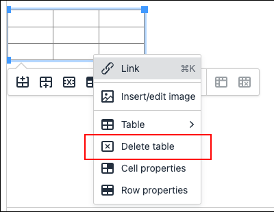 Screenshot: An action link to delete a table on the menu that appears when you right-click the table is highlighted