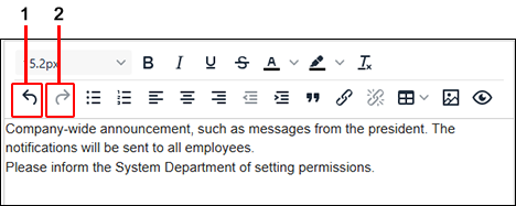 Screenshot: The Undo and Redo icons are highlighted on the Rich text toolbar