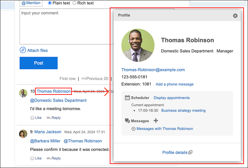 Screenshot: An example of user profile displayed in a pop-up window