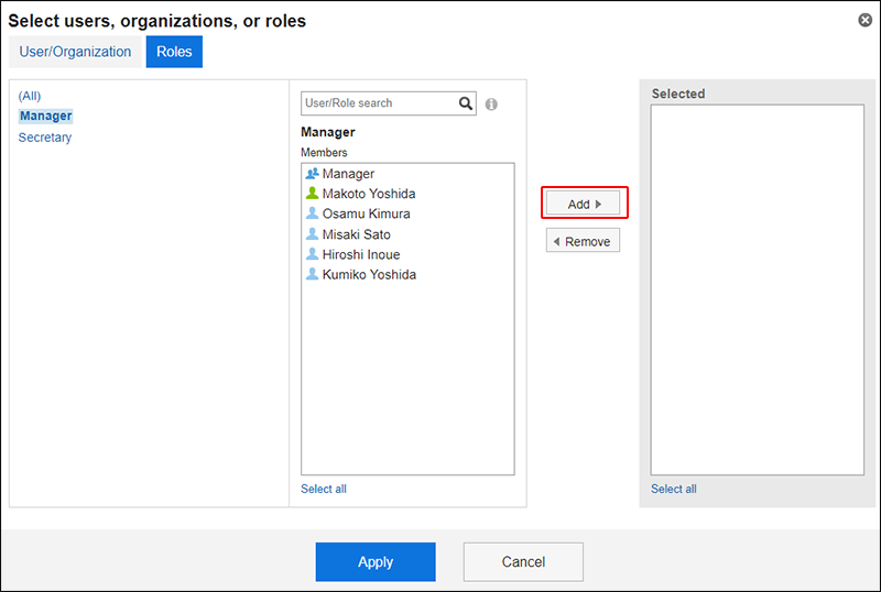 Screenshot: The "Select users, organizations, or roles" screen with the "Add" button highlighted
