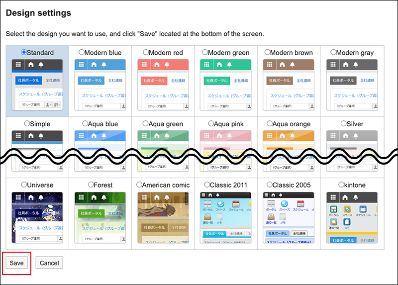 Screenshot: The "Design settings" screen with the "Standard" design and the "Save" button highlighted