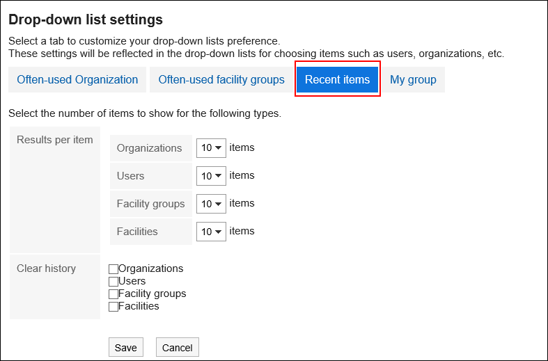 Screenshot: 'Recent items' button is highlighted