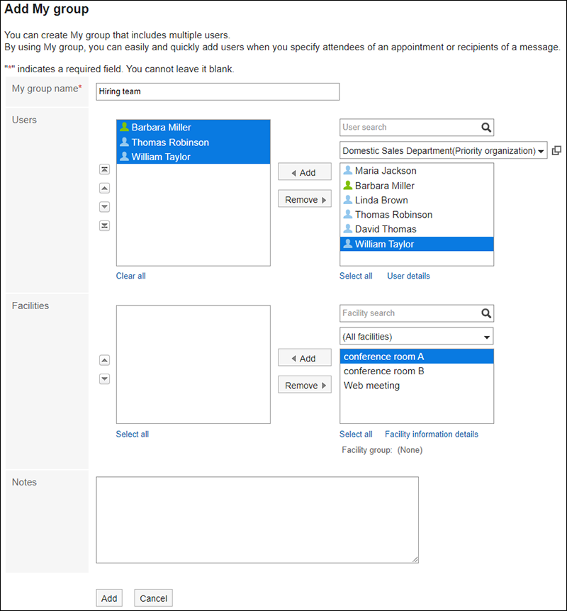 Screenshot: Setting fields to add My group
