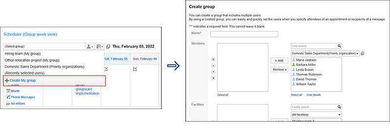 Screenshot: Link to add My group in the Scheduler screen is highlighted