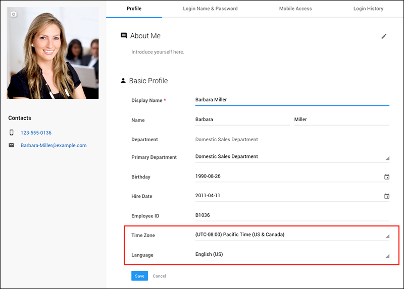 Screenshot: The fields to configure time zone and language are highlighted on the "Account settings" screen