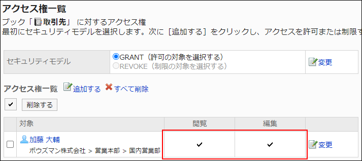 スクリーンショット：アクセス権設定の例。すべての権限が付与されている