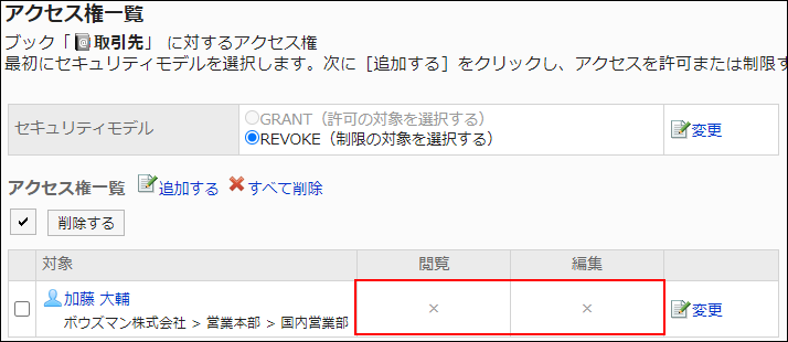 スクリーンショット：アクセス権設定の例。すべての権限が外されている