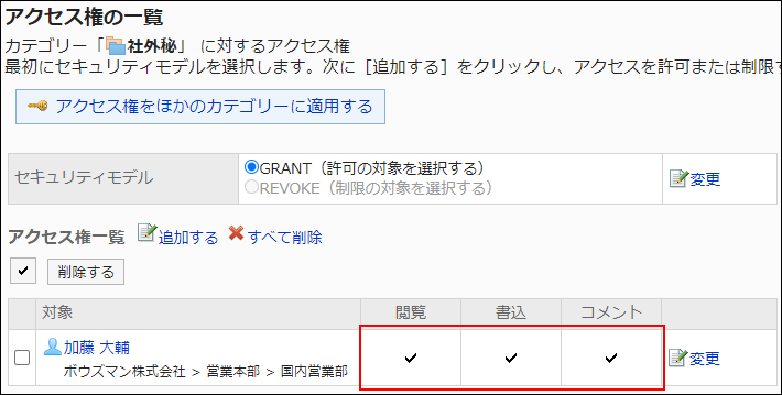 スクリーンショット：アクセス権設定の例。すべての権限が付与されている