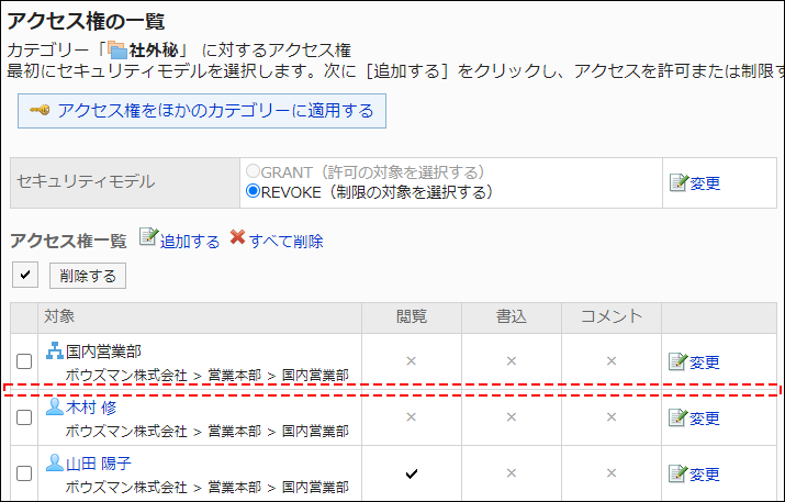 スクリーンショット：アクセス権設定の例。アクセス権一覧から、加藤大輔さんが削除されている