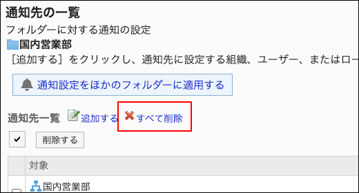 スクリーンショット：すべて削除の操作リンクが枠で囲まれている通知先の一覧画面