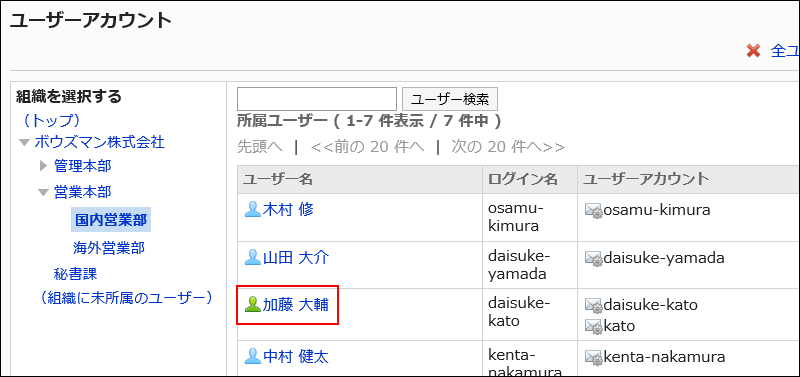 変更するユーザーが赤枠で囲まれている画像