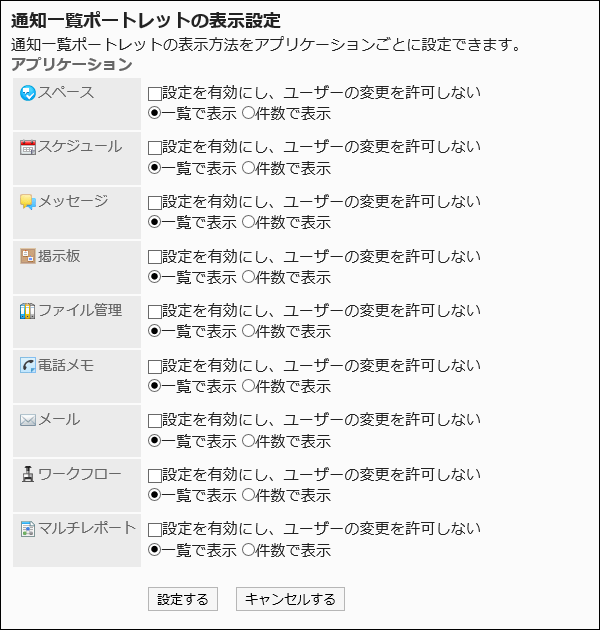 通知一覧ポートレットの表示設定画面