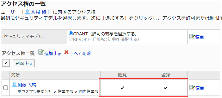 スクリーンショット：アクセス権設定の例。すべての権限が付与されている