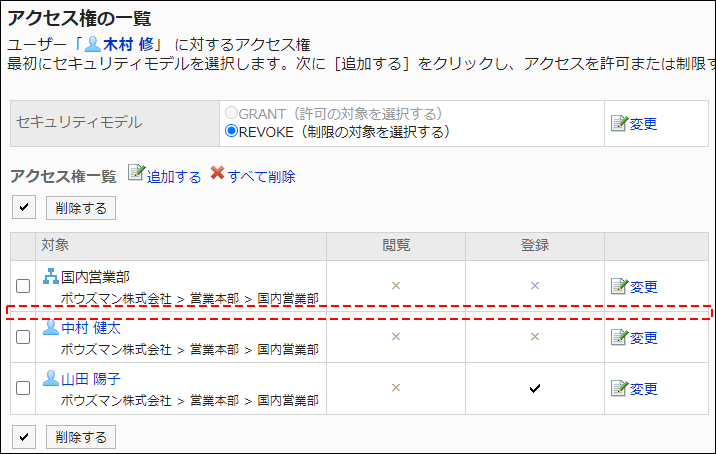 スクリーンショット：アクセス権設定の例。アクセス権一覧から、加藤大輔さんが削除されている