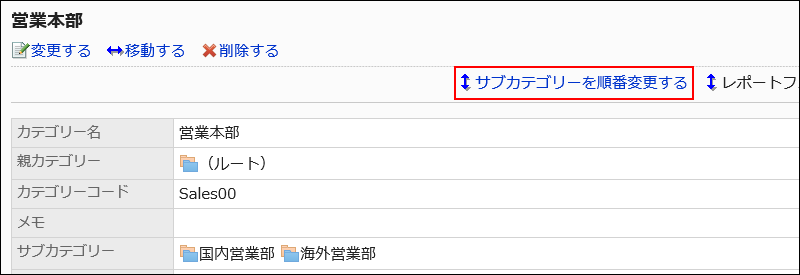 サブカテゴリーを順番変更する操作リンクが赤枠で囲まれた画像