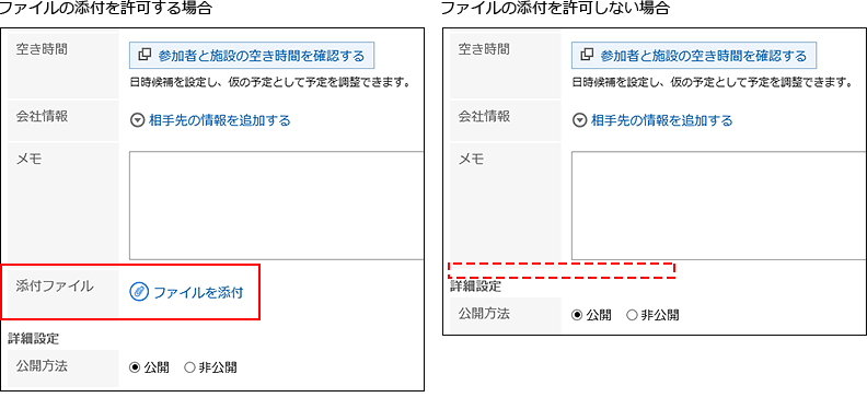 予定へのファイル添付を許可する場合と許可しない場合の画像