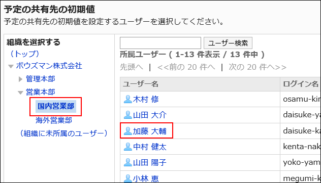 「予定の共有先の初期値」画面