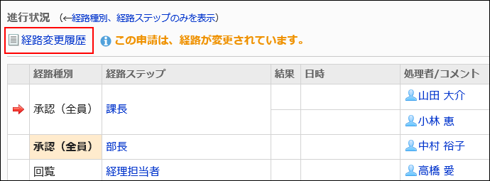 経路変更履歴を表示する操作リンクが赤枠で囲まれた画像