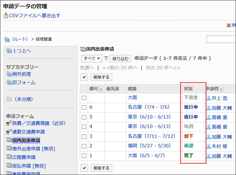 申請の状況が赤枠で囲まれた画像