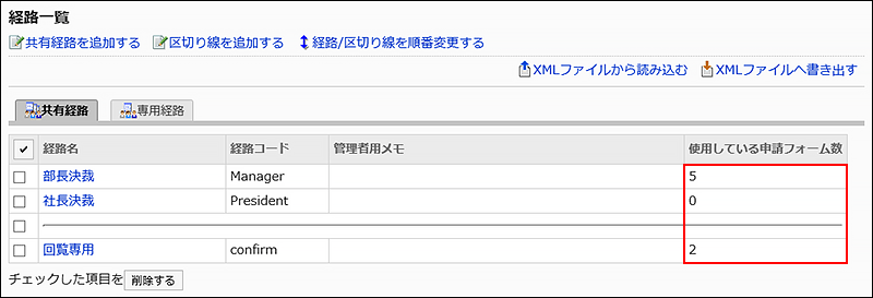 経路を使用している申請フォーム数が赤枠で囲まれた画像