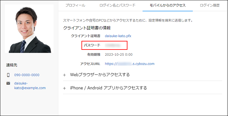 スクリーンショット：パスワードが枠で囲まれて強調されている