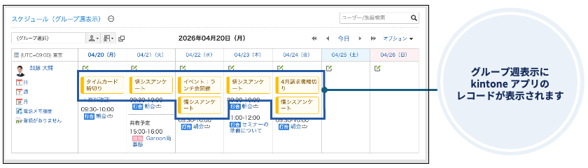 スクリーンショット：kintone アプリのレコードを表示しているグループ週表示画面