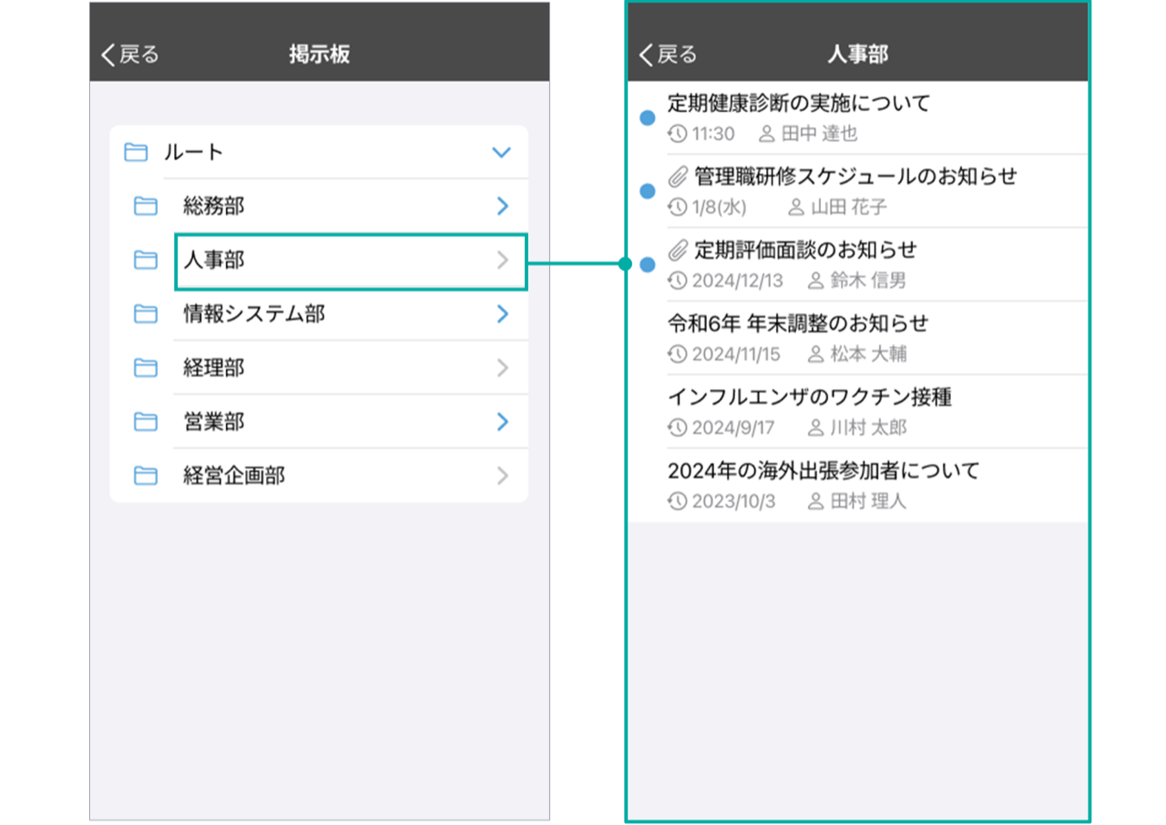 スクリーンショット：画面キャプチャ：モバイル画面で、掲示板のカテゴリーから目的の掲示板を選択している画面