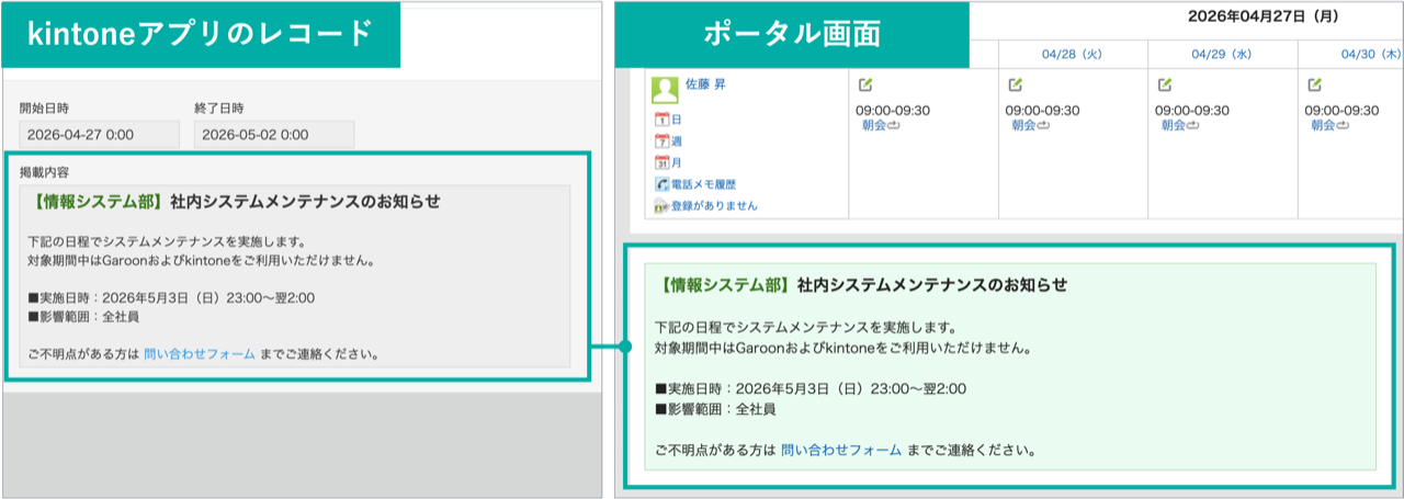 スクリーンショット：kintoneアプリのレコードとポータル