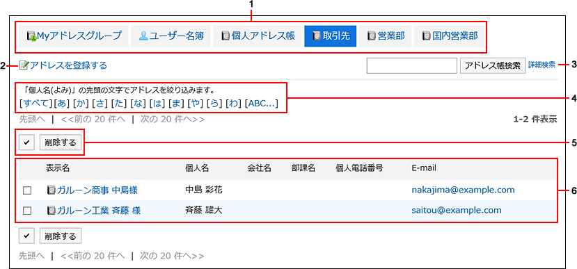 「アドレス帳」画面