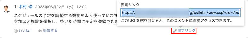 スクリーンショット：固定リンクが枠線で囲まれて強調されているコメント