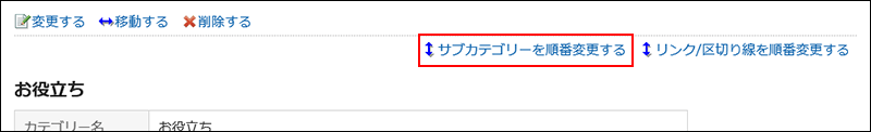 サブカテゴリーを順番変更する操作リンクが赤枠で囲まれた画像