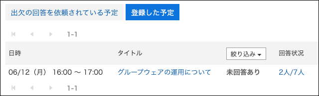 スクリーンショット：登録した予定が表示されている出欠確認の一覧画面